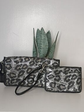 Coach Black and Gray Metallic Ocelot Leopard Print Wallet & Card Case Set